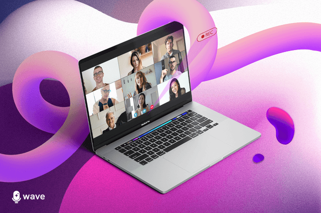 A laptop on an abstract background, open to google meet.