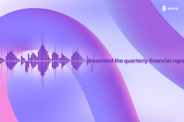 A sound file visualization ending with the words presented with the quarterly financial