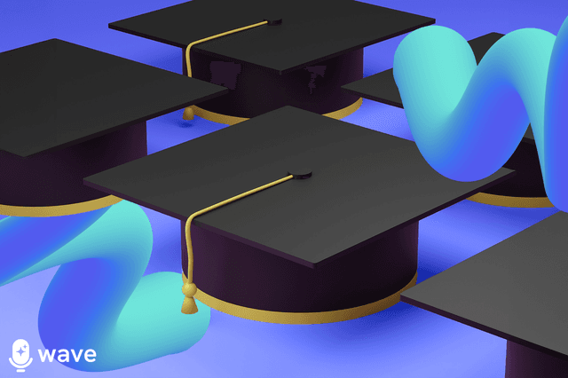 Three mortar board style graduation caps on an abstract blue background next to the word WAVE